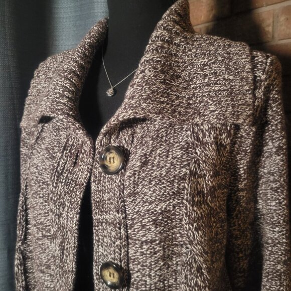 Style & Co Brown/White Tweed Wide-Collared Long Sleeve Chunky Cardigan  - Size L - Picture 5 of 12